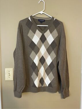Roundtree & Yorke Mens Tan Brown Argyle Cotton Sweater Extra Large XL